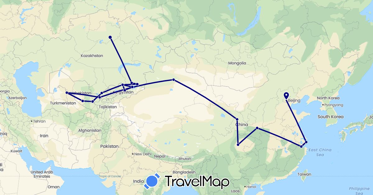 TravelMap itinerary: driving in China, Kyrgyzstan, Kazakhstan, Uzbekistan (Asia)